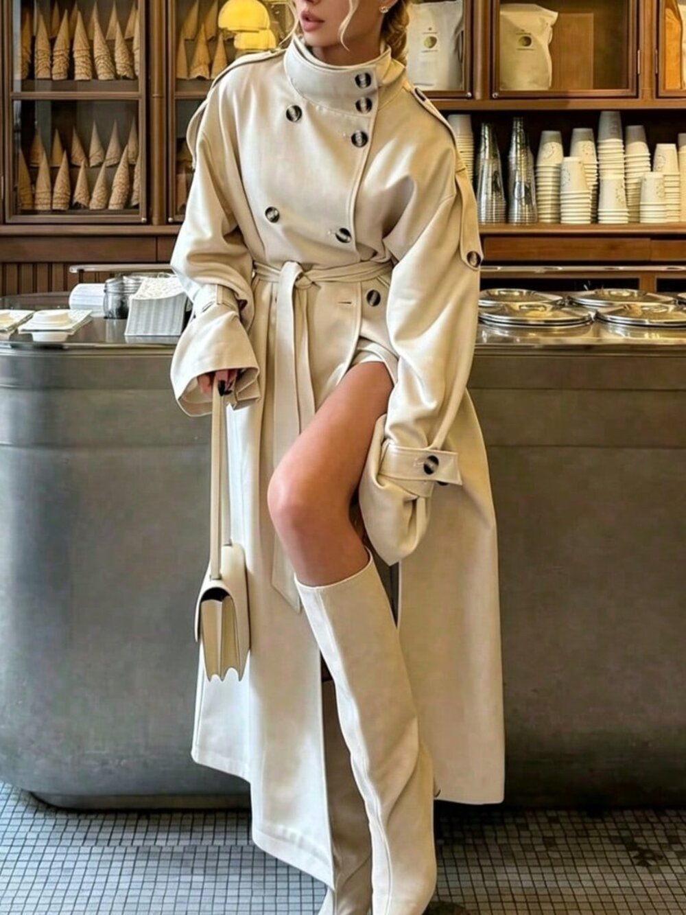 Apricot Elegant Women's Double Breasted Stand Collar Long Trench Coat Jacket